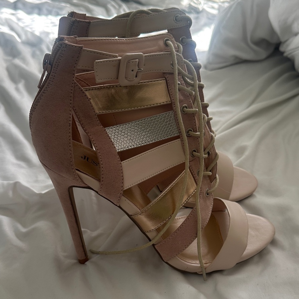 JustFab Women's Multi-Strap Heels - Blush Cream & Gold